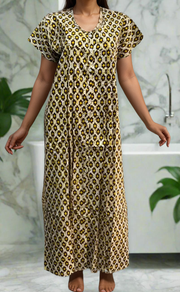 Yellow/Brown Ikkat Full Open Pure Cotton Nighty. Pure Durable Cotton | Laces and Frills - Laces and Frills