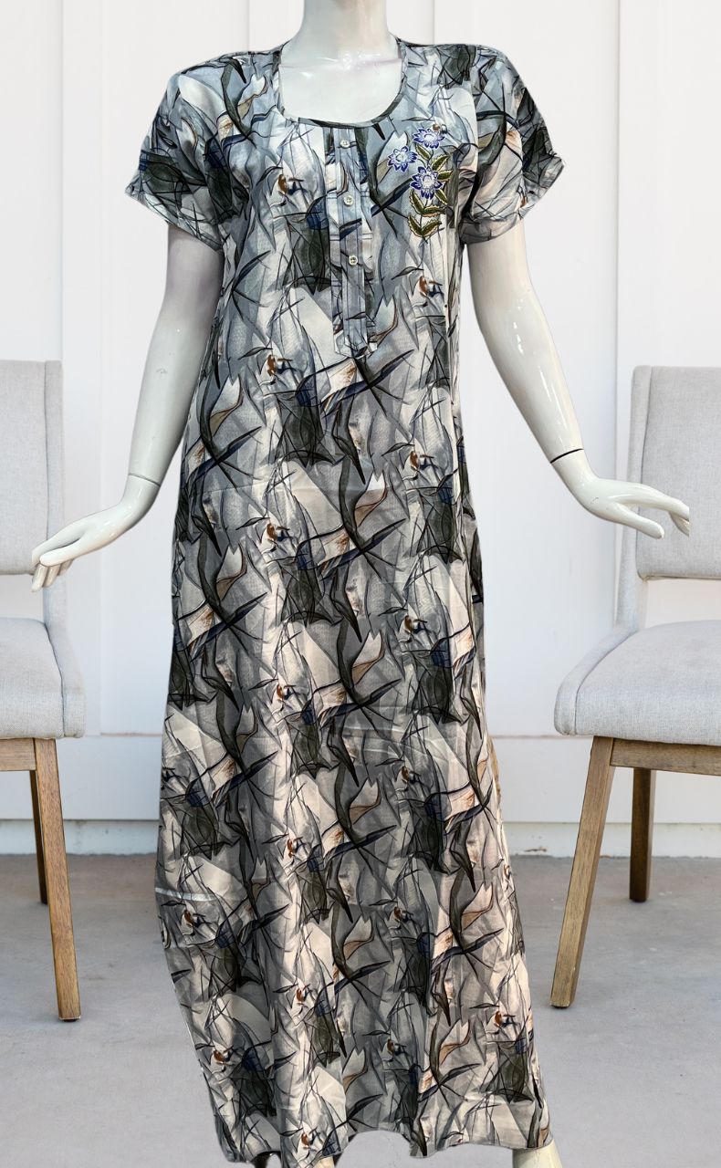 Off White/Grey Flora Rayon Nighty. Flowy Rayon Fabric | Laces and Frills - Laces and Frills