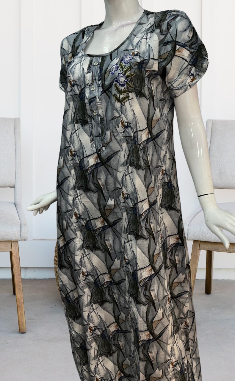 Off White/Grey Flora Rayon Nighty. Flowy Rayon Fabric | Laces and Frills - Laces and Frills