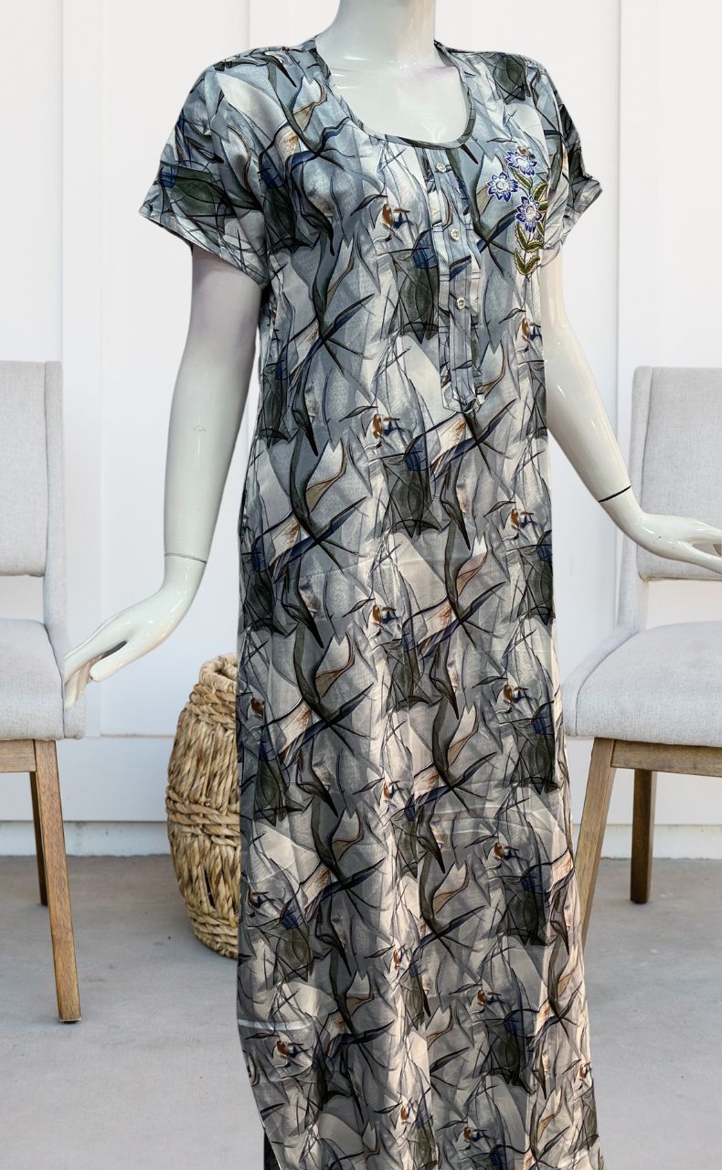 Off White/Grey Flora Rayon Nighty. Flowy Rayon Fabric | Laces and Frills - Laces and Frills