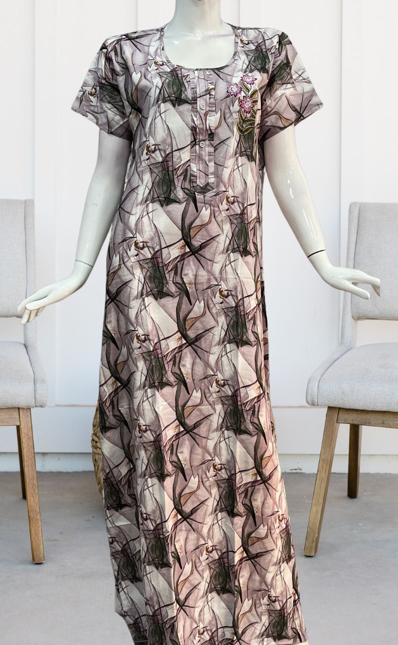 Off White/Light Pink Flora Rayon Nighty. Flowy Rayon Fabric | Laces and Frills - Laces and Frills