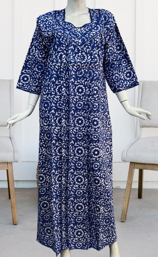 Blue Batik Pure Cotton Long Sleeves Nighty. Pure Durable Cotton | Laces and Frills - Laces and Frills