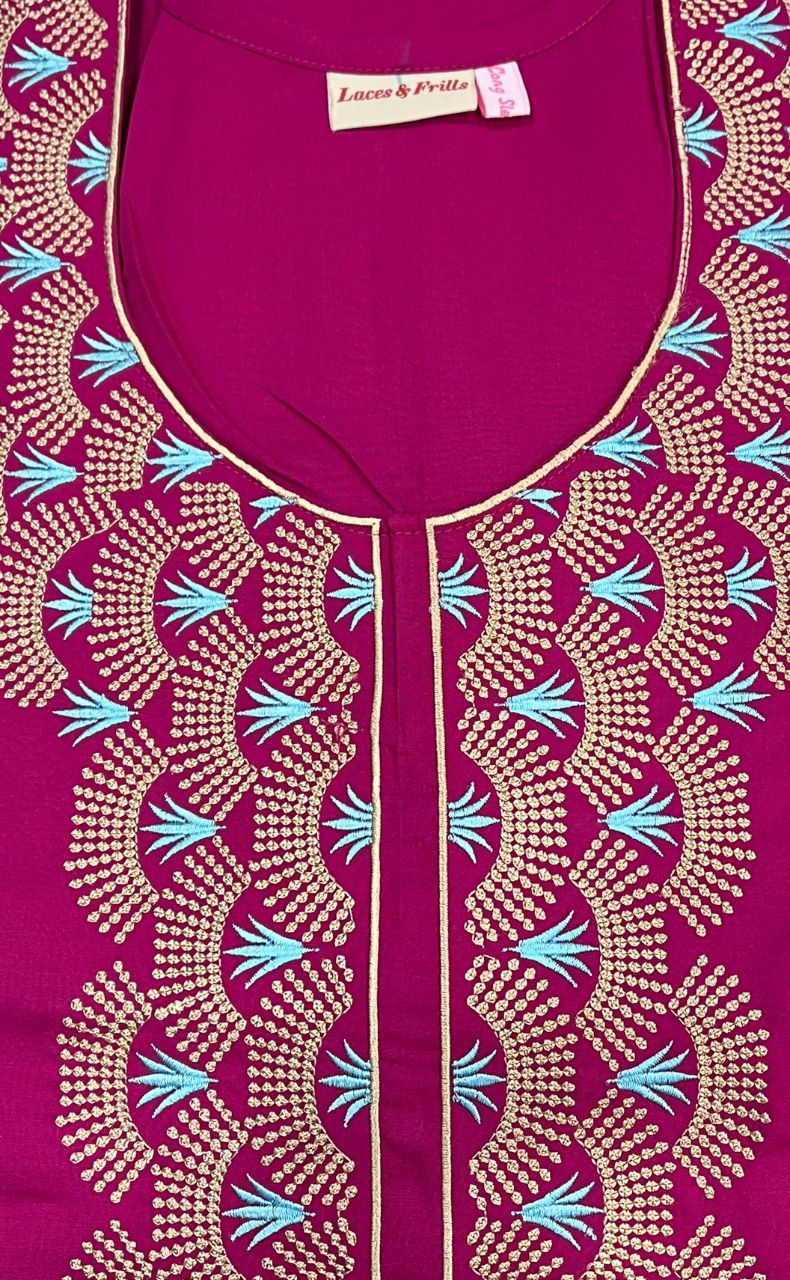 Hot Pink Embroidery Soft Cotton Long Sleeves Nighty. Pure Durable Cotton | Laces and Frills - Laces and Frills