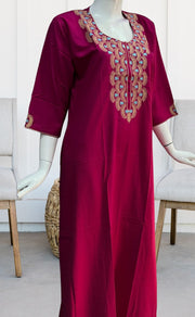 Hot Pink Embroidery Soft Cotton Long Sleeves Nighty. Pure Durable Cotton | Laces and Frills - Laces and Frills