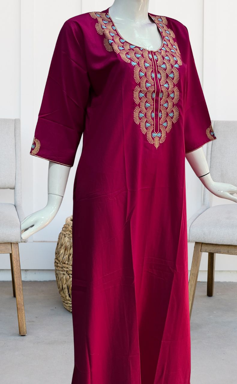 Hot Pink Embroidery Soft Cotton Long Sleeves Nighty. Pure Durable Cotton | Laces and Frills - Laces and Frills