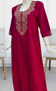 Hot Pink Embroidery Soft Cotton Long Sleeves Nighty. Pure Durable Cotton | Laces and Frills - Laces and Frills