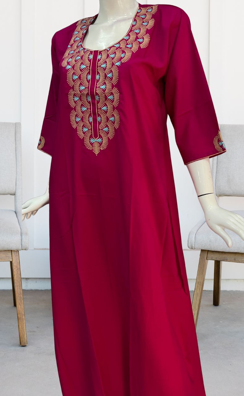 Hot Pink Embroidery Soft Cotton Long Sleeves Nighty. Pure Durable Cotton | Laces and Frills - Laces and Frills