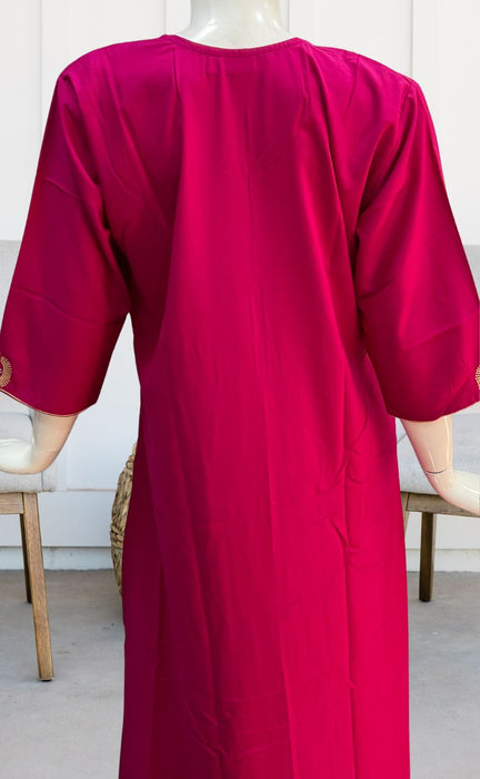 Hot Pink Embroidery Soft Cotton Long Sleeves Nighty. Pure Durable Cotton | Laces and Frills - Laces and Frills