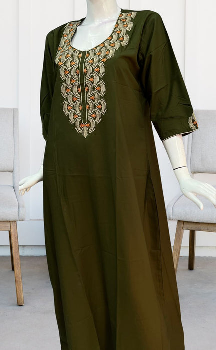Green Embroidery Soft Cotton Long Sleeves Nighty. Pure Durable Cotton | Laces and Frills - Laces and Frills