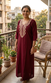 Maroon Embroidery Soft Cotton Long Sleeves Nighty.  Soft Breathable Fabric | Laces and Frills - Laces and Frills