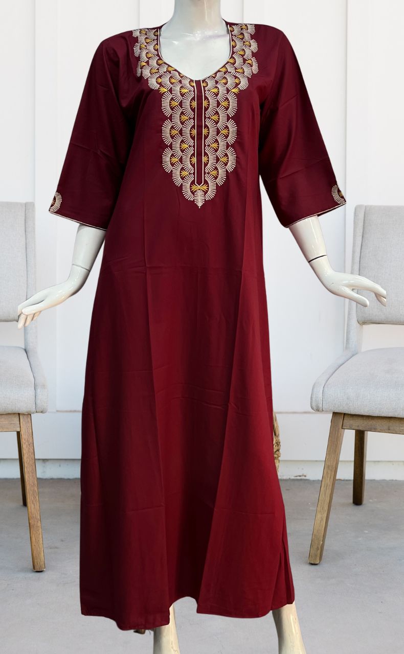 Maroon Embroidery Soft Cotton Long Sleeves Nighty. Pure Durable Cotton | Laces and Frills - Laces and Frills
