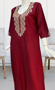 Maroon Embroidery Soft Cotton Long Sleeves Nighty. Pure Durable Cotton | Laces and Frills - Laces and Frills