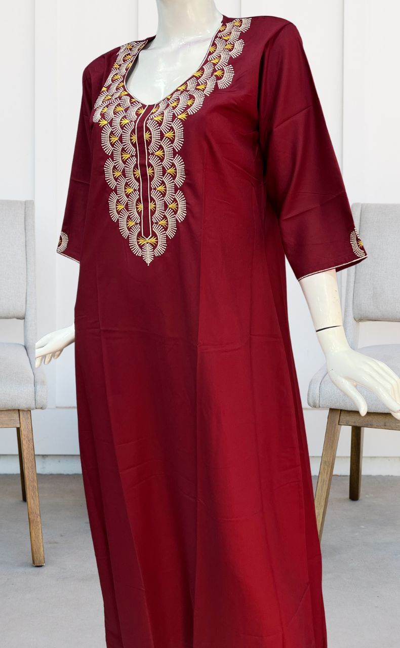 Maroon Embroidery Soft Cotton Long Sleeves Nighty. Pure Durable Cotton | Laces and Frills - Laces and Frills