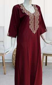 Maroon Embroidery Soft Cotton Long Sleeves Nighty. Pure Durable Cotton | Laces and Frills - Laces and Frills