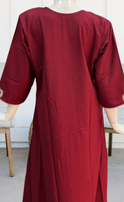 Maroon Embroidery Soft Cotton Long Sleeves Nighty. Pure Durable Cotton | Laces and Frills - Laces and Frills