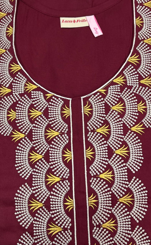 Maroon Embroidery Soft Cotton Long Sleeves Nighty. Pure Durable Cotton | Laces and Frills - Laces and Frills