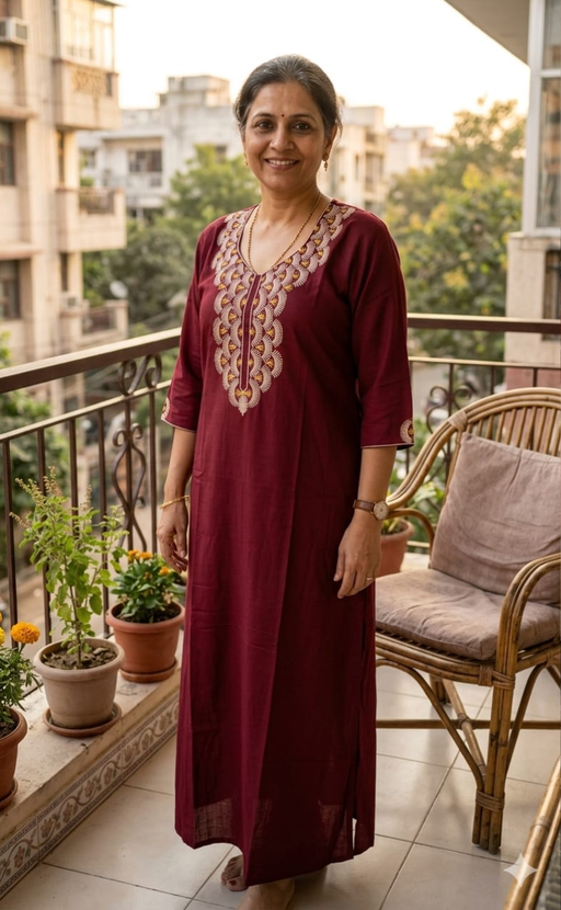 Maroon Embroidery Soft Cotton Long Sleeves Nighty.  Soft Breathable Fabric | Laces and Frills - Laces and Frills