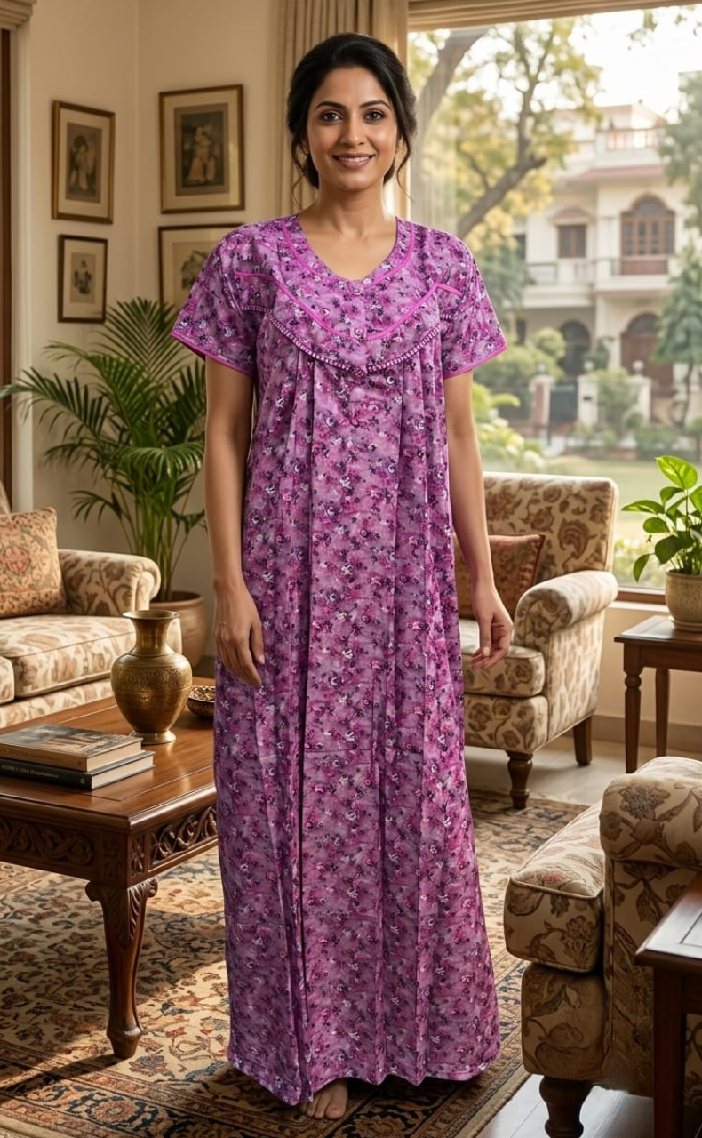 Purple Floral Soft Cotton Satin Nighty. Soft Breathable Fabric | Laces and Frills
