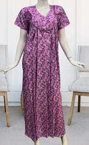 Purple Floral Soft Cotton Satin Nighty. Pure Durable Cotton | Laces and Frills - Laces and Frills