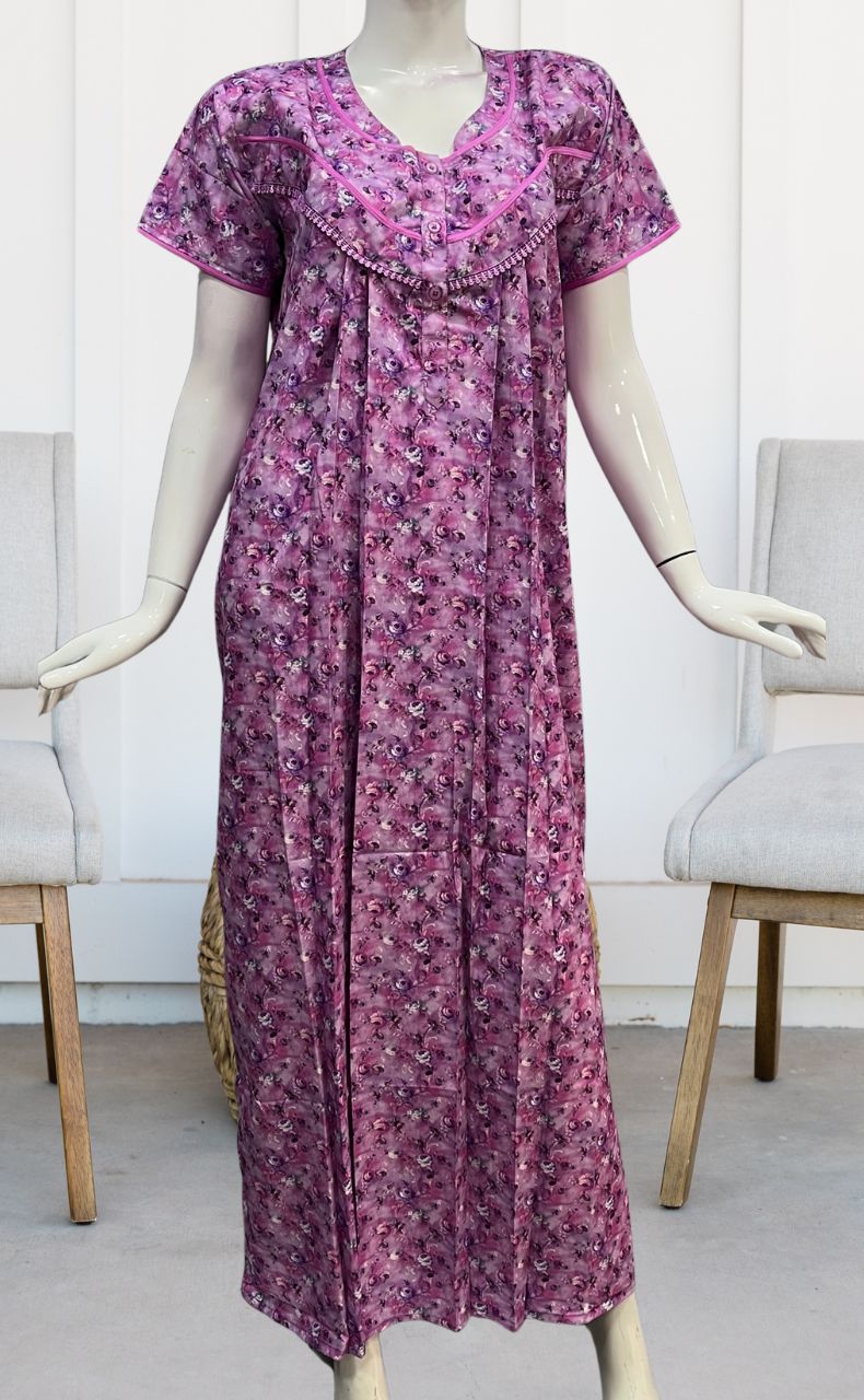 Purple Floral Soft Cotton Satin Nighty. Pure Durable Cotton | Laces and Frills - Laces and Frills