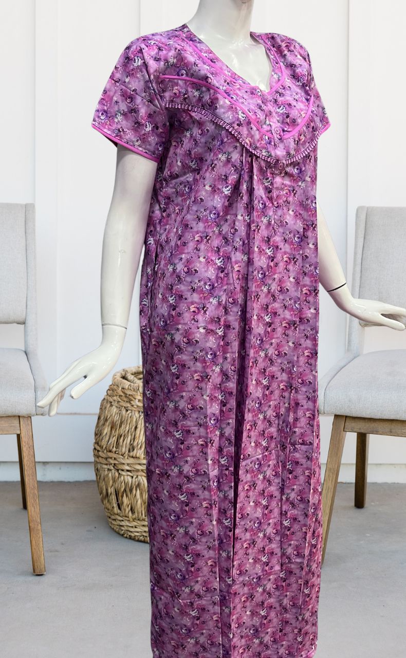 Purple Floral Soft Cotton Satin Nighty. Pure Durable Cotton | Laces and Frills - Laces and Frills