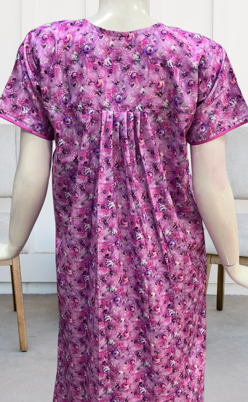 Purple Floral Soft Cotton Satin Nighty. Pure Durable Cotton | Laces and Frills - Laces and Frills
