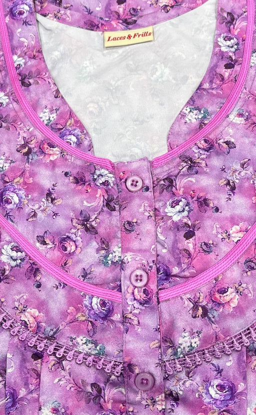 Purple Floral Soft Cotton Satin Nighty. Pure Durable Cotton | Laces and Frills - Laces and Frills