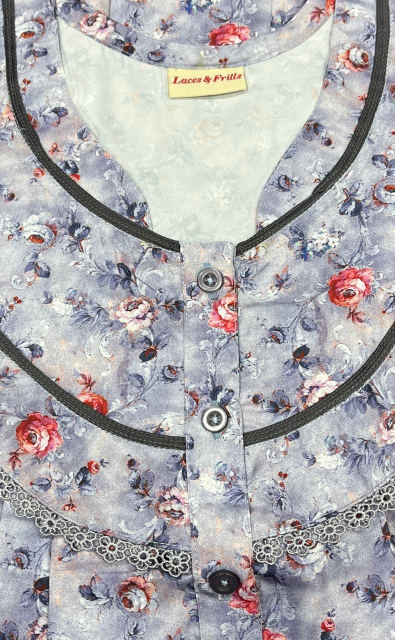 Light Blue Floral Soft Cotton Satin Nighty. Pure Durable Cotton | Laces and Frills - Laces and Frills