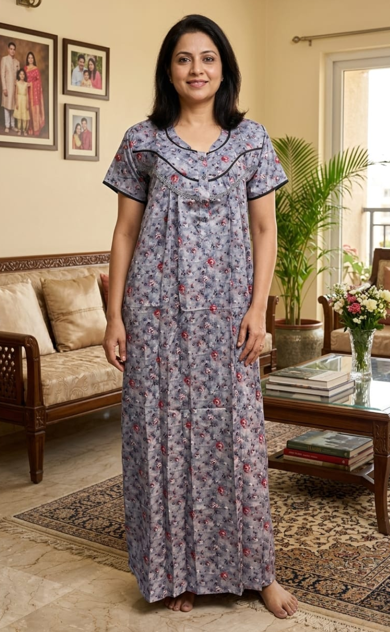 Light Blue Floral Soft Cotton Satin Nighty. Soft Breathable Fabric | Laces and Frills