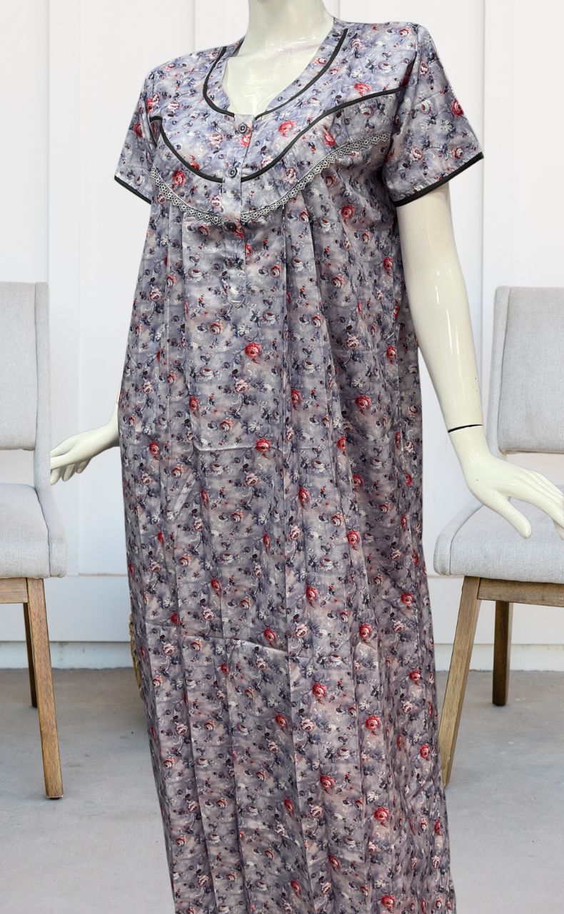 Light Blue Floral Soft Cotton Satin Nighty. Pure Durable Cotton | Laces and Frills - Laces and Frills