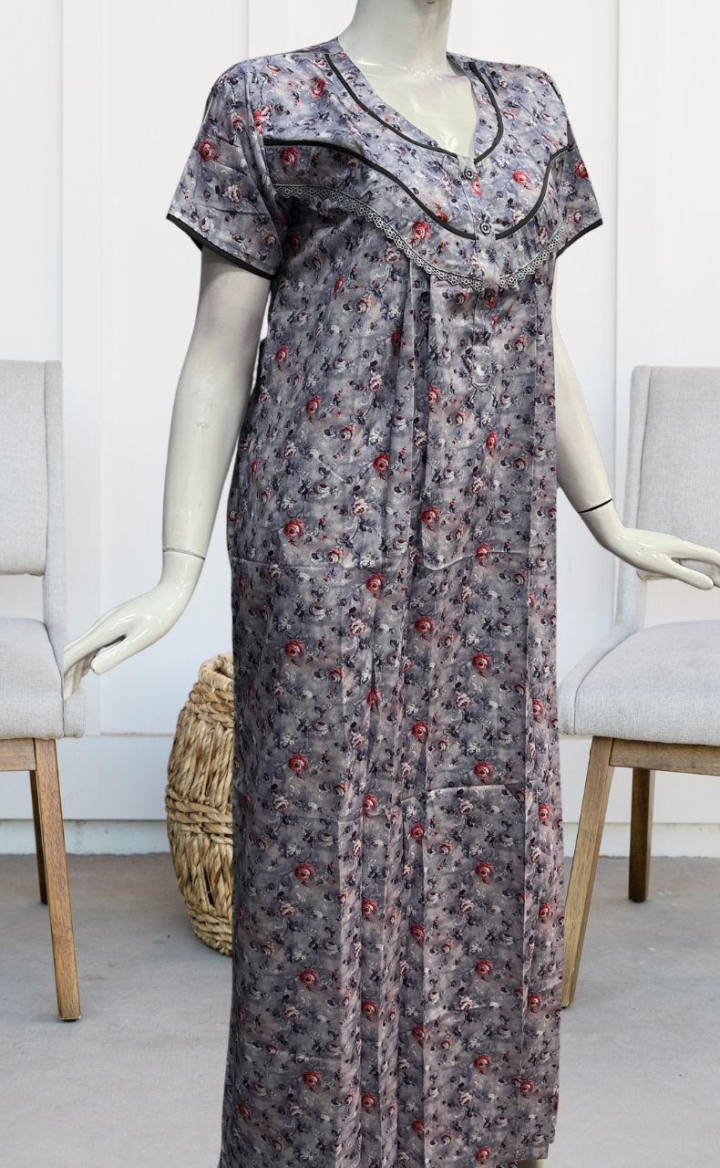 Light Blue Floral Soft Cotton Satin Nighty. Pure Durable Cotton | Laces and Frills - Laces and Frills