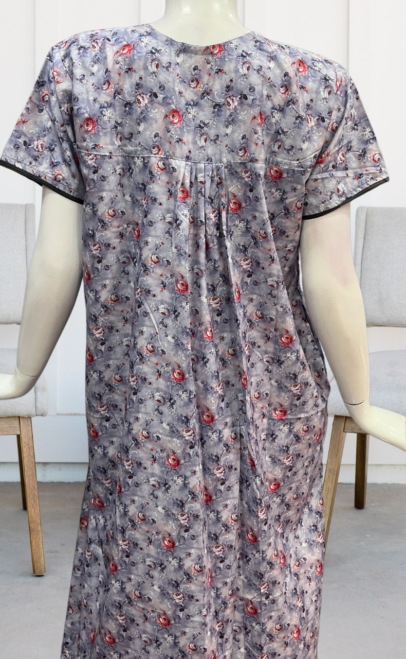 Light Blue Floral Soft Cotton Satin Nighty. Pure Durable Cotton | Laces and Frills - Laces and Frills