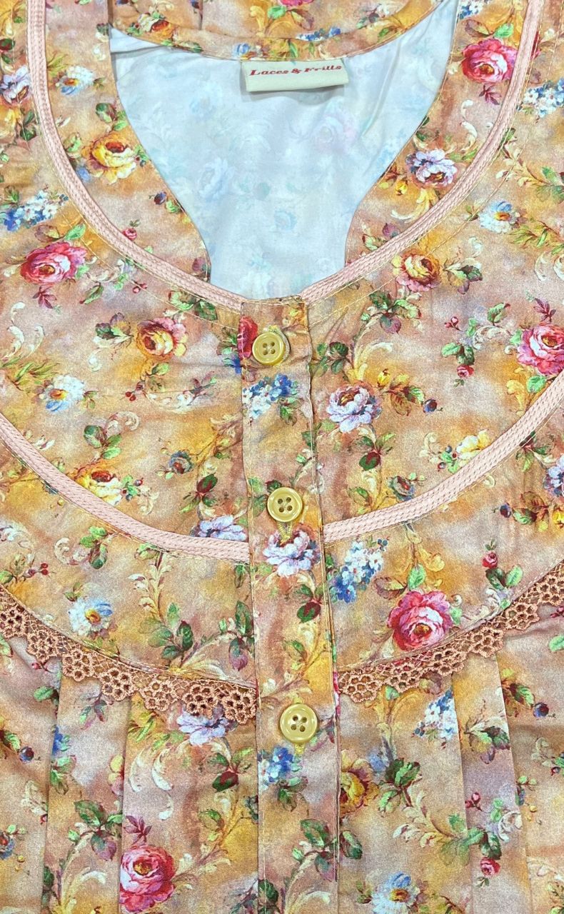Mustard Floral Soft Cotton Satin Nighty. Pure Durable Cotton | Laces and Frills - Laces and Frills