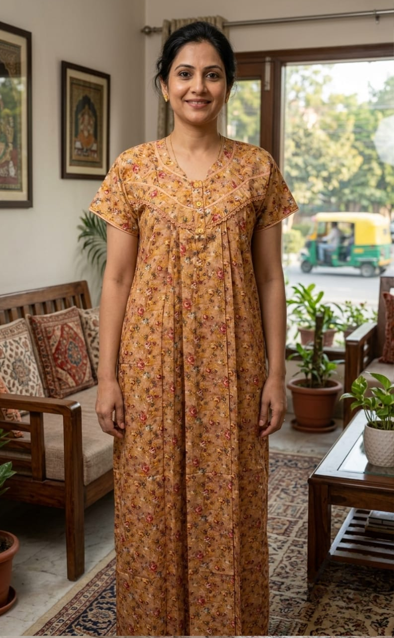 Mustard Floral Soft Cotton Satin Nighty. Soft Breathable Fabric | Laces and Frills