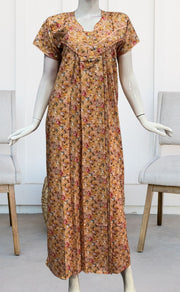 Mustard Floral Soft Cotton Satin Nighty. Pure Durable Cotton | Laces and Frills - Laces and Frills
