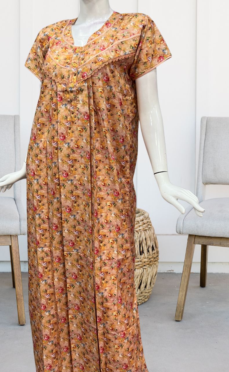 Mustard Floral Soft Cotton Satin Nighty. Pure Durable Cotton | Laces and Frills - Laces and Frills