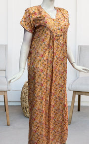 Mustard Floral Soft Cotton Satin Nighty. Pure Durable Cotton | Laces and Frills - Laces and Frills