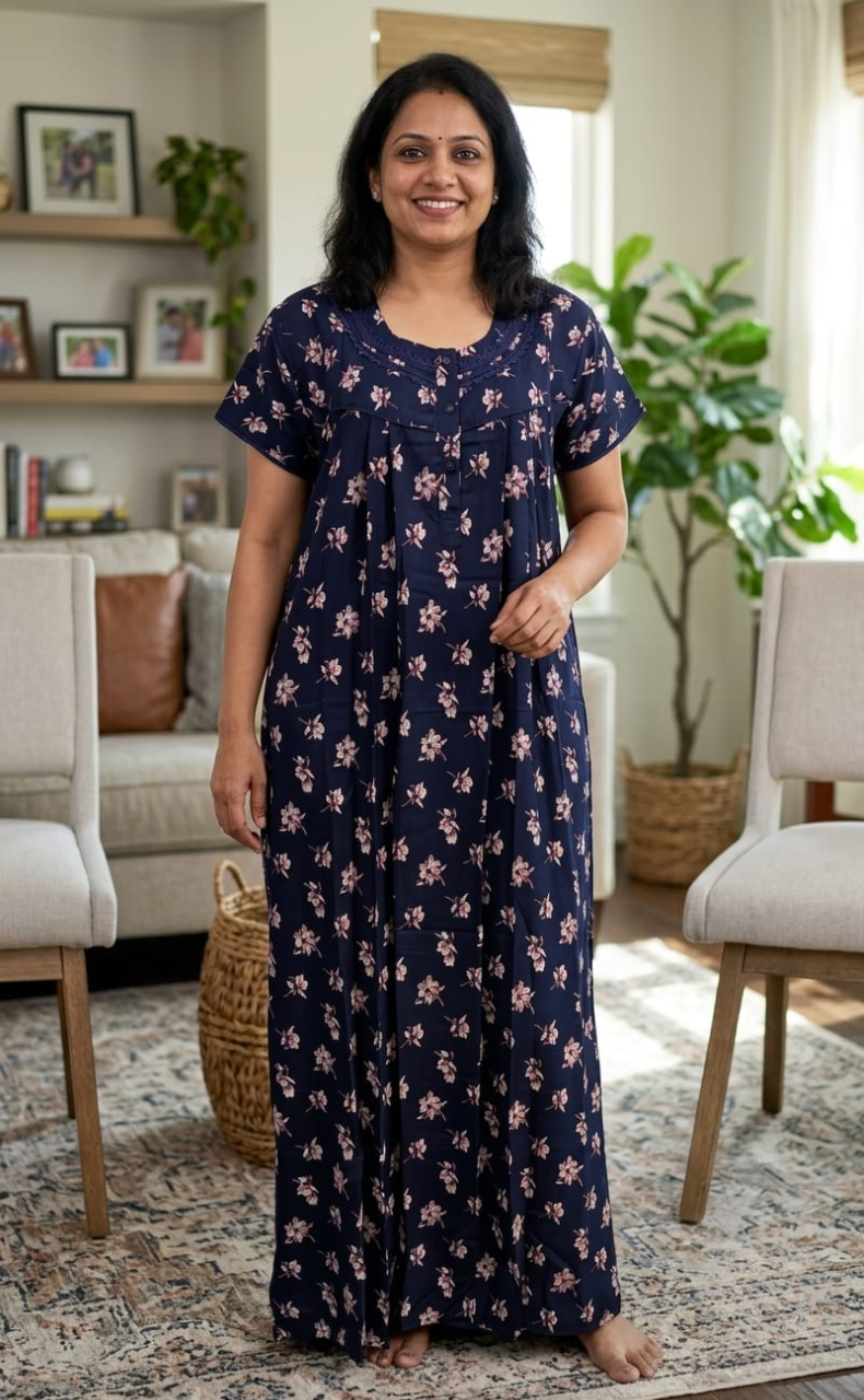 Navy Blue Flora Spun Nighty. Flowy Spun Fabric | Laces and Frills