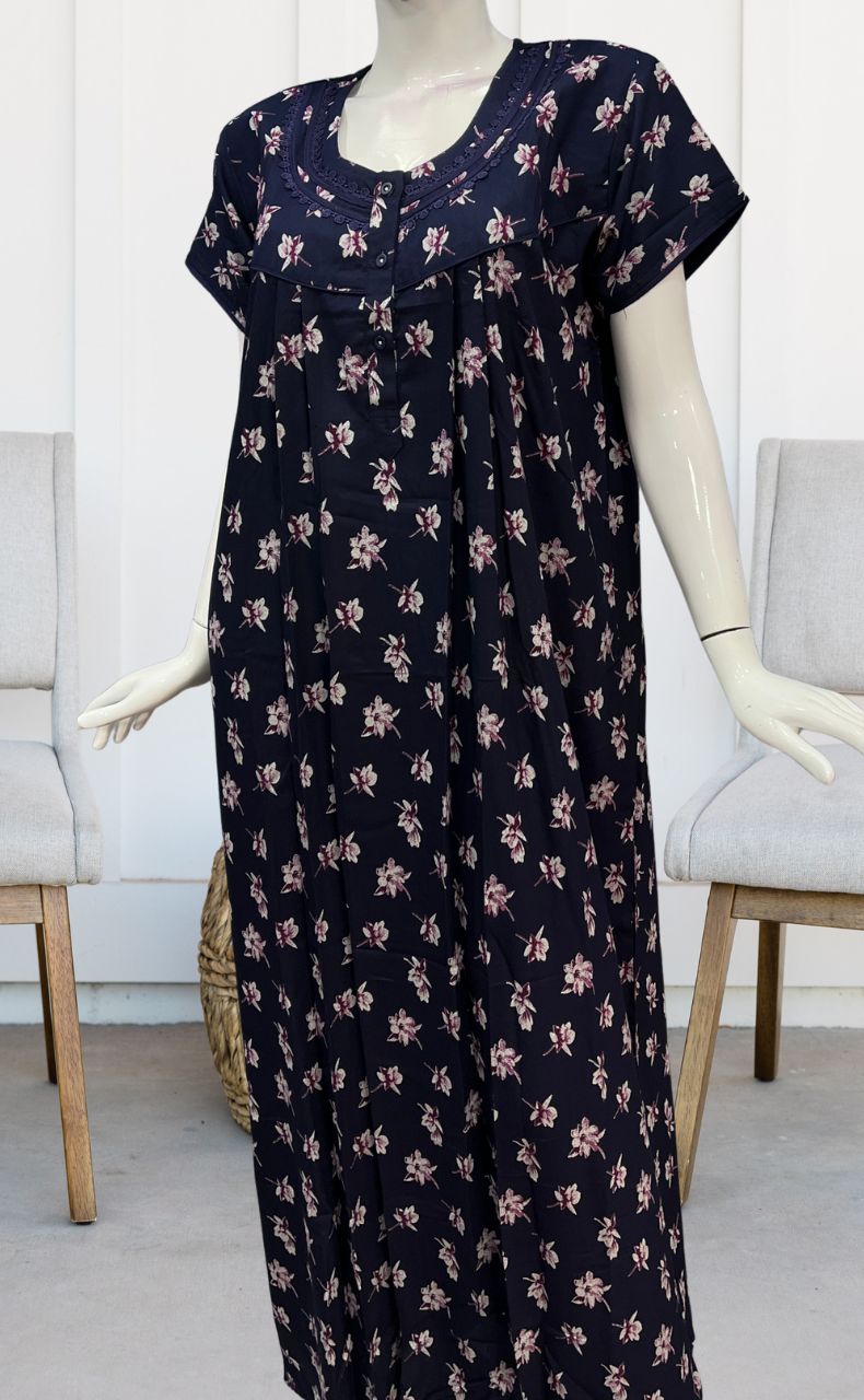 Navy Blue Flora Spun Nighty. Flowy Spun Fabric | Laces and Frills - Laces and Frills