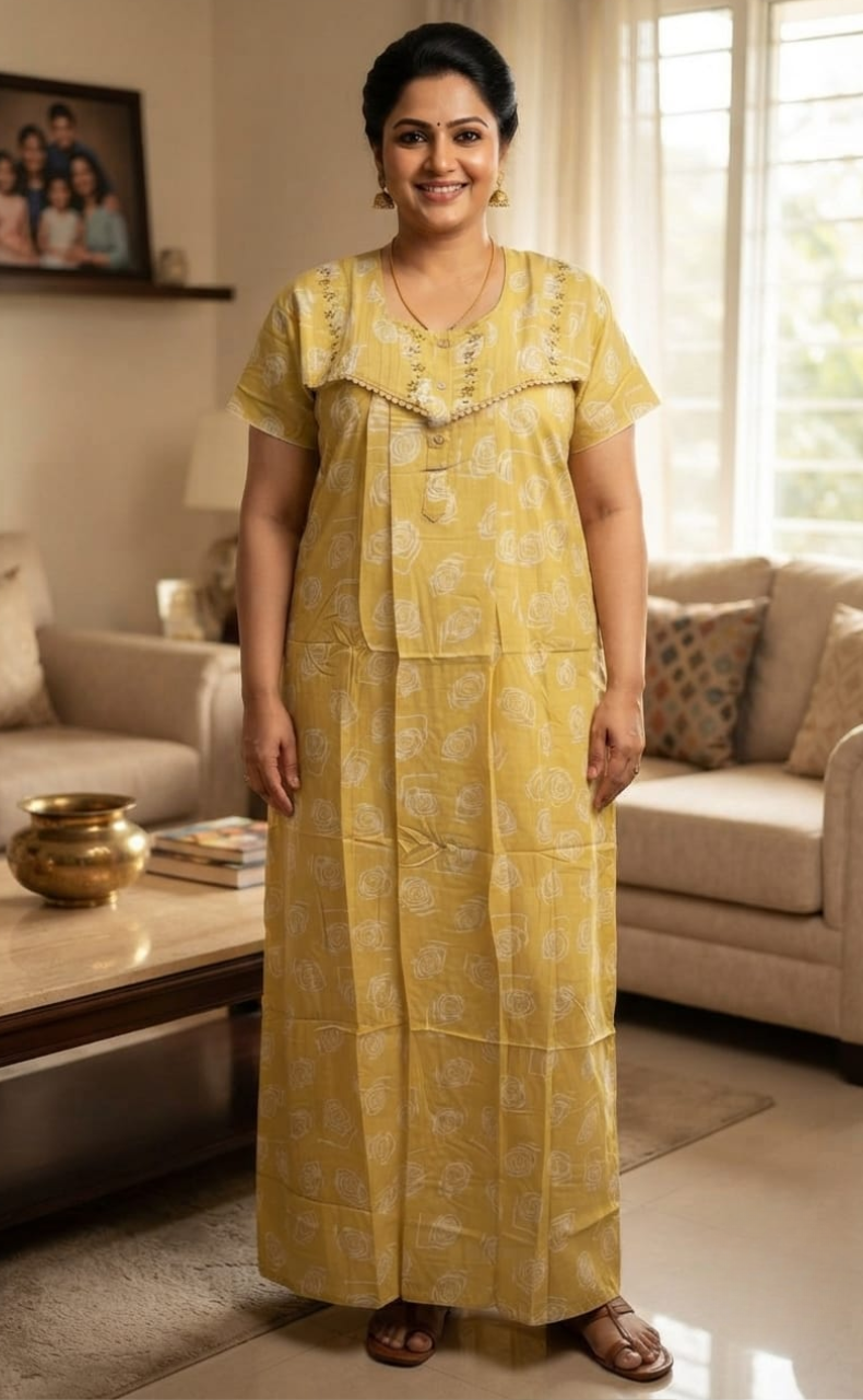 Light Yellow Flora Rayon Nighty. Flowy Rayon Fabric | Laces and Frills