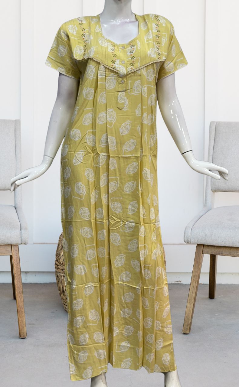 Light Yellow Flora Rayon Nighty. Flowy Rayon Fabric | Laces and Frills - Laces and Frills