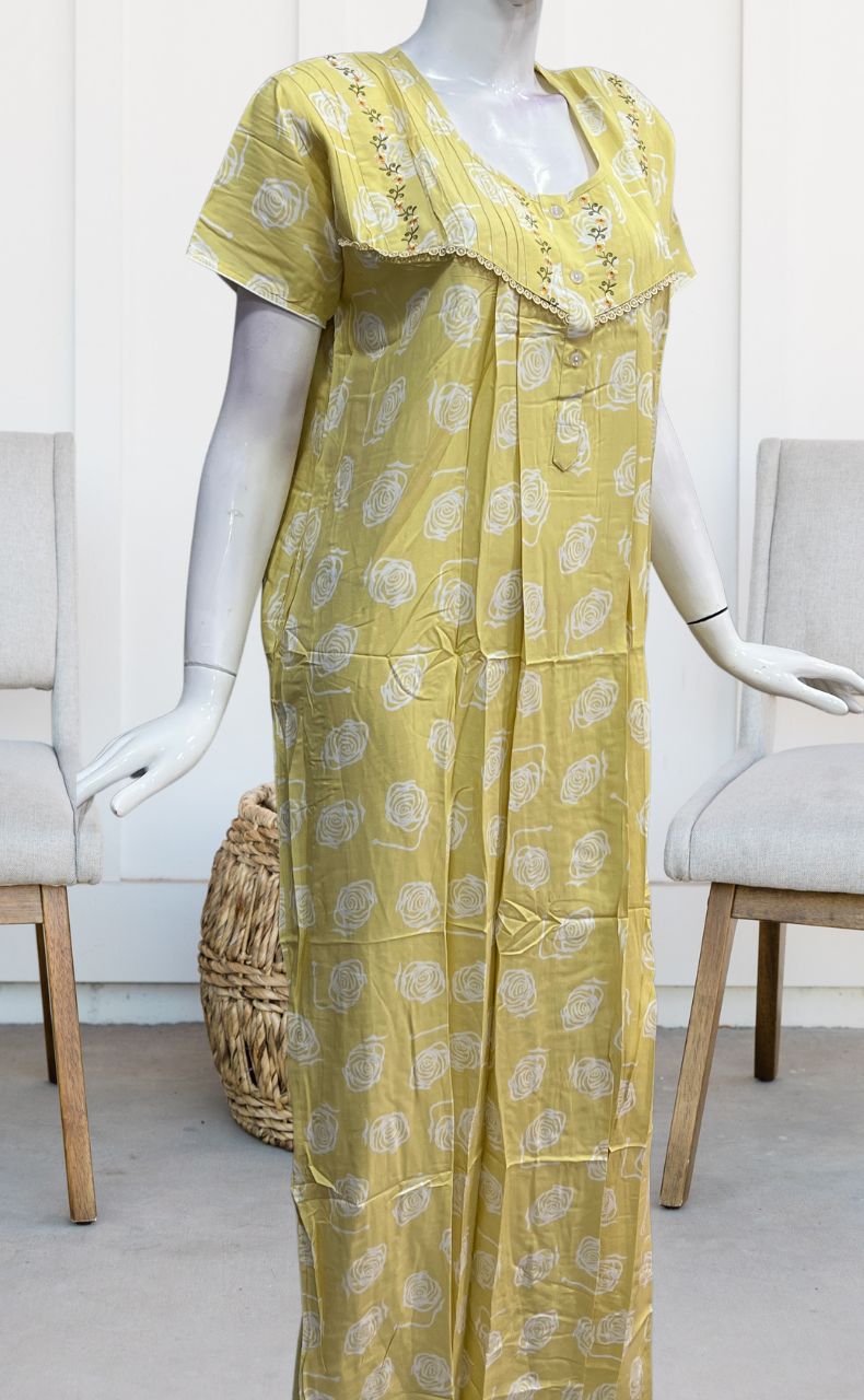 Light Yellow Flora Rayon Nighty. Flowy Rayon Fabric | Laces and Frills - Laces and Frills