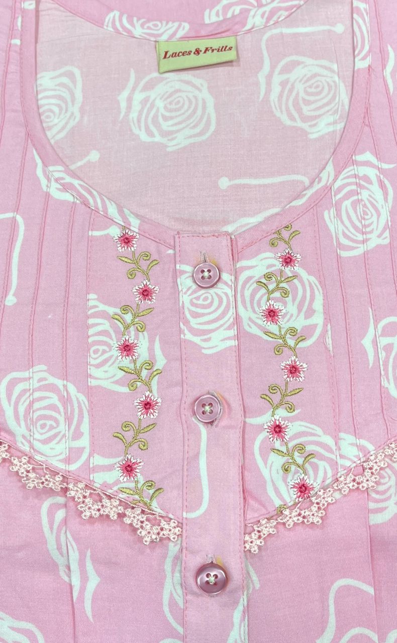 Baby Pink Flora Rayon Nighty. Flowy Rayon Fabric | Laces and Frills - Laces and Frills