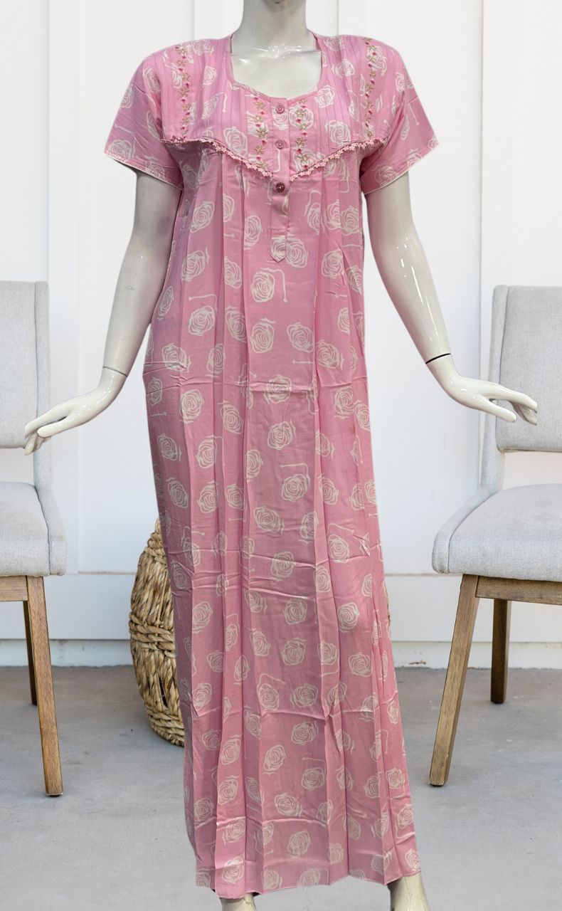 Baby Pink Flora Rayon Nighty. Flowy Rayon Fabric | Laces and Frills - Laces and Frills