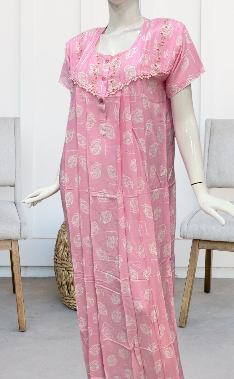 Baby Pink Flora Rayon Nighty. Flowy Rayon Fabric | Laces and Frills - Laces and Frills