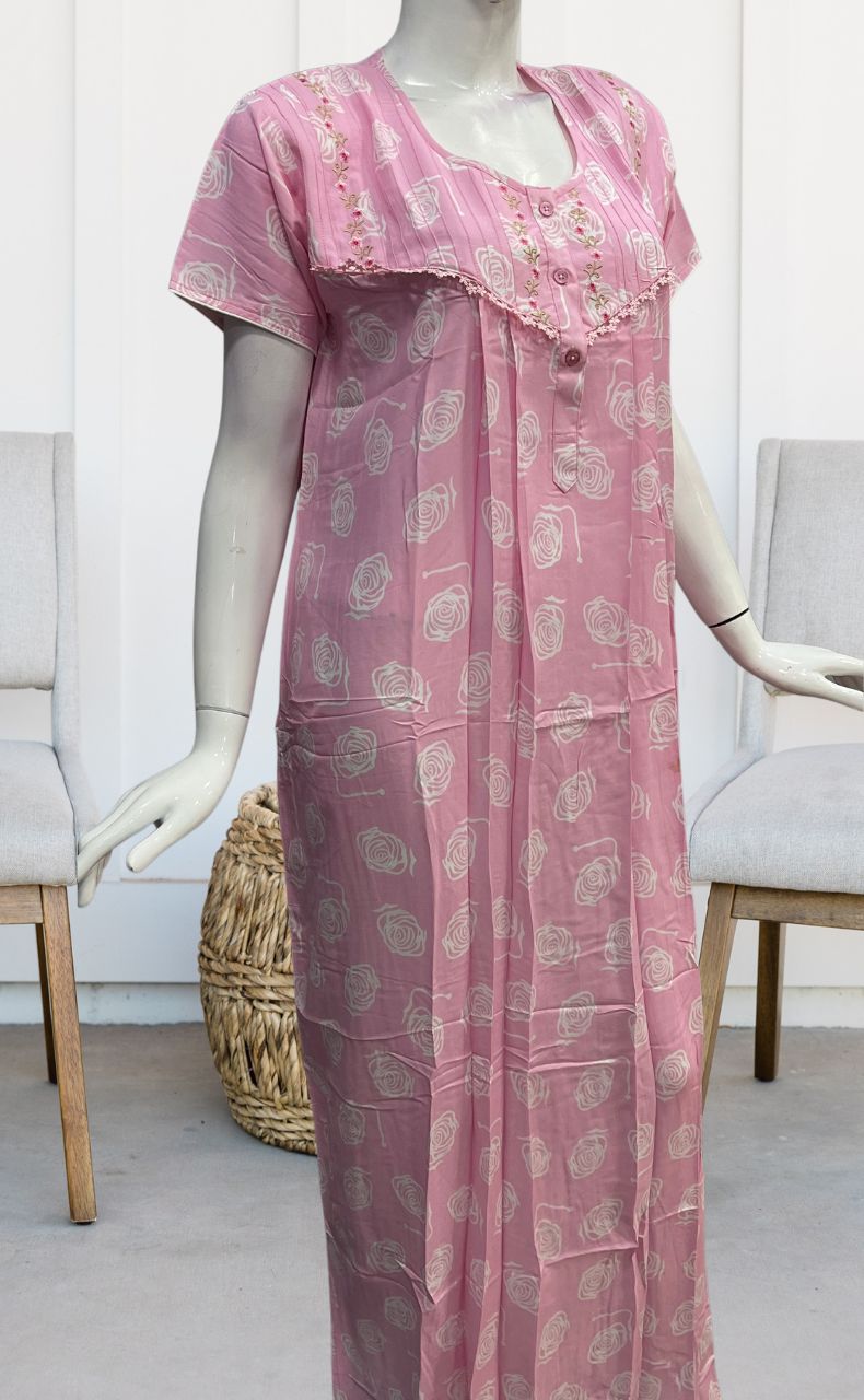 Baby Pink Flora Rayon Nighty. Flowy Rayon Fabric | Laces and Frills - Laces and Frills