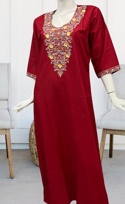 Red Embroidery Soft Cotton Nighty. Pure Durable Cotton | Laces and Frills - Laces and Frills