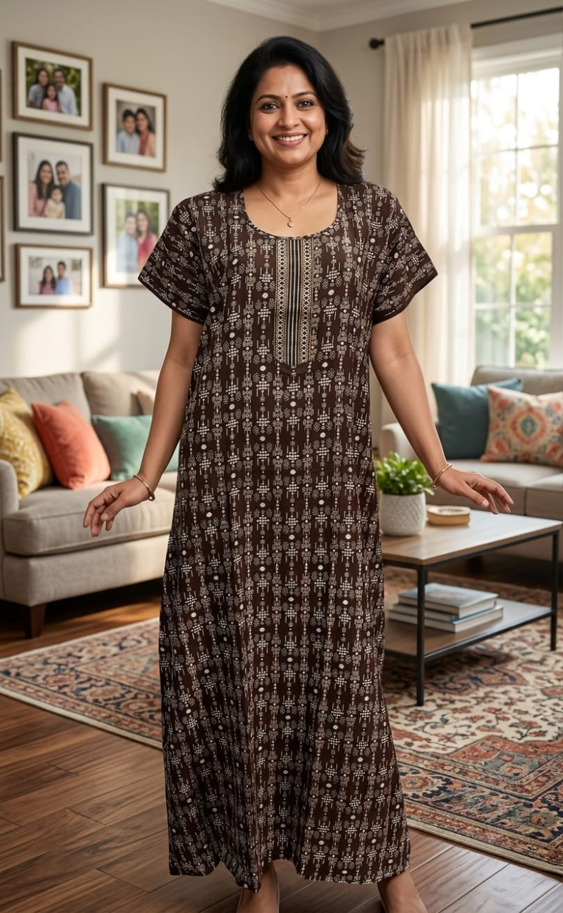 Brown Abstract Spun Nighty. Flowy Spun Fabric | Laces and Frills
