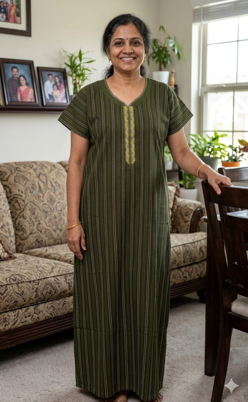 Green Dots Spun Nighty. Flowy Spun Fabric | Laces and Frills - Laces and Frills