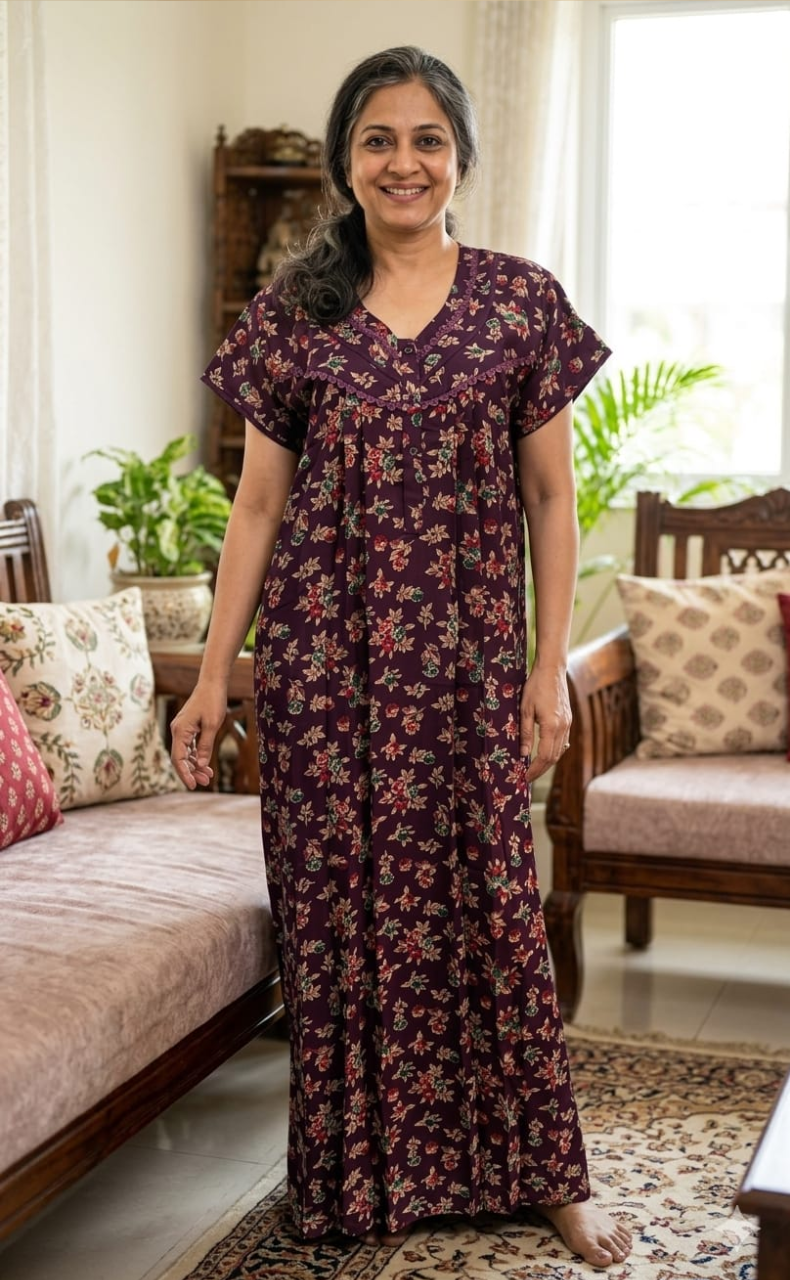 Wine Purple Garden Spun Nighty. Flowy Spun Fabric | Laces and Frills - Laces and Frills